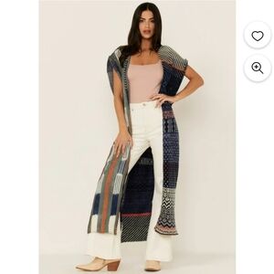 Free People Knitted Blue Skies Patchwork Maxi Vest